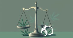 An abstract representation of justice with scales, cannabis leaves, and handcuffs in a muted color palette.