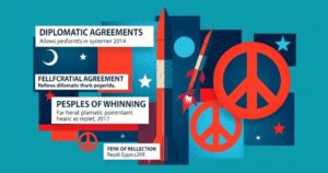 A dynamic collage representing international diplomacy, war games, and global news headlines.