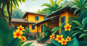 Japanese princess visiting Brazil, traditional architecture, and vibrant tropical landscape.