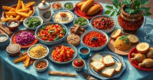 Colorful spread of Moroccan dishes featuring spices, salads, and desserts on a festive table setting.
