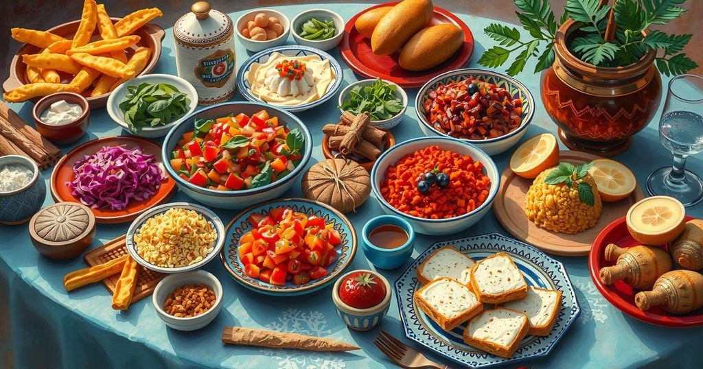 Colorful spread of Moroccan dishes featuring spices, salads, and desserts on a festive table setting.
