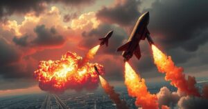 A dramatic depiction of missile launch and military action over a modern landscape, showcasing tension and conflict.
