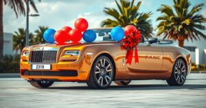A luxurious car surrounded by balloons and a large bow, symbolizing extravagant gifting in a vibrant setting.