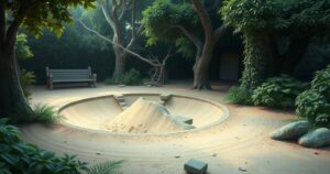 A sand pit surrounded by trees, showing a collapsed section with scattered debris, conveying somber themes of loss.