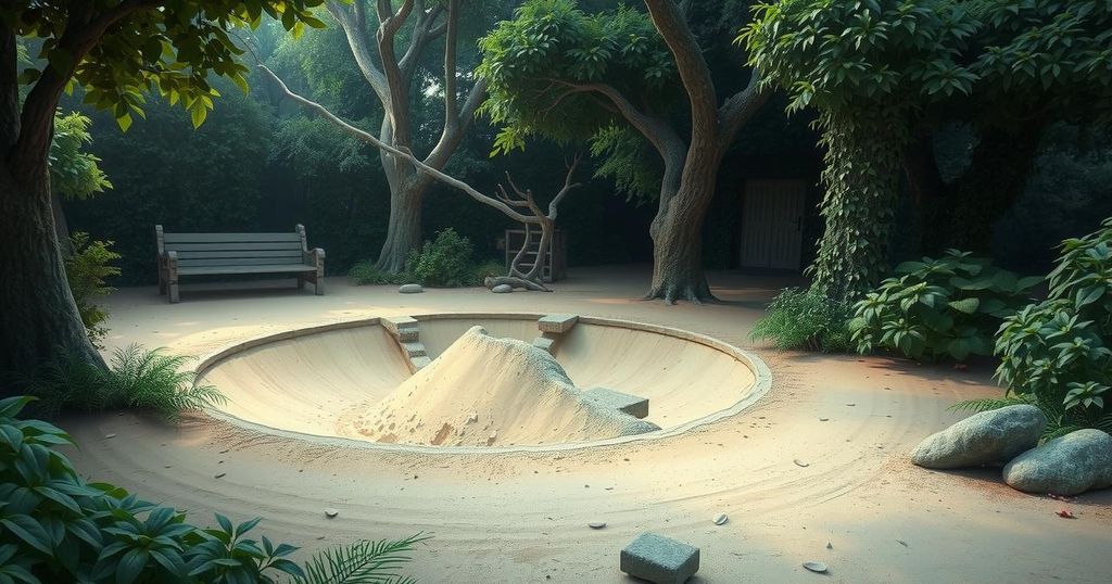 A sand pit surrounded by trees, showing a collapsed section with scattered debris, conveying somber themes of loss.