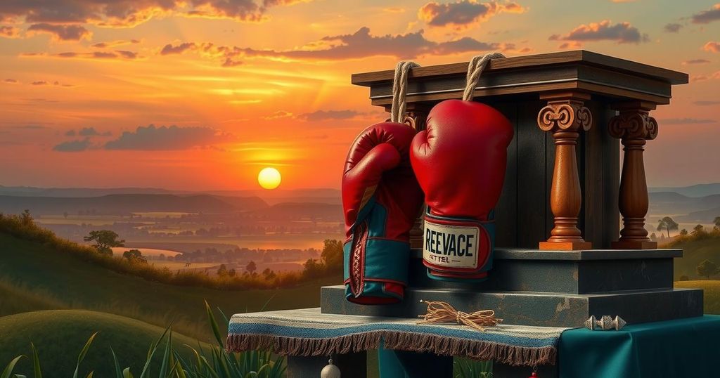 A serene Nigerian landscape with boxing gloves resting on a traditional altar, symbolizing respect and remembrance.