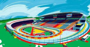 Historic racing scene at Autódromo Hermanos Rodríguez with a vibrant Mexican backdrop.