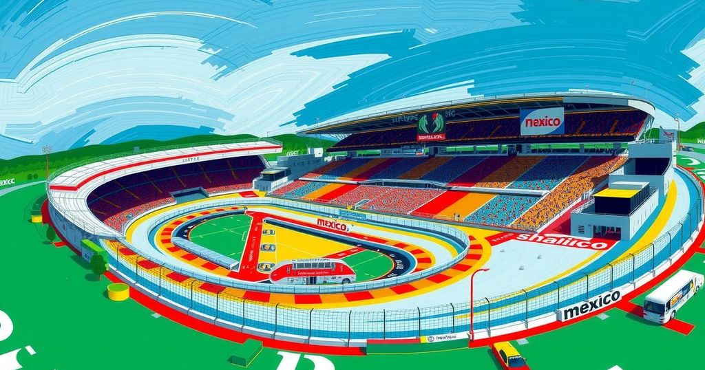 Historic racing scene at Autódromo Hermanos Rodríguez with a vibrant Mexican backdrop.