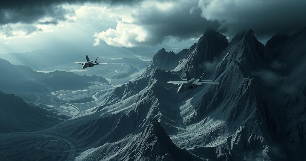 A dramatic military landscape with stealth bombers and mountains, capturing cinematic tension and strategy.
