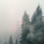 Breathtaking landscape with dense smoke over a serene forest, illustrating air quality alert effects.