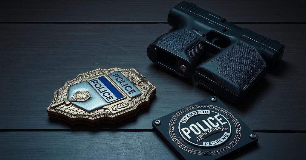 A police badge and handcuffs on a dark wooden table, symbolizing law enforcement and accountability.