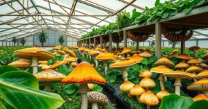 Ethiopian mushroom farm showcasing vibrant mushrooms growing in sheds, highlighting agricultural innovation and diversity.