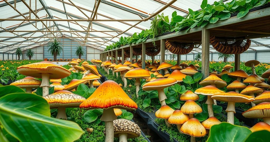Ethiopian mushroom farm showcasing vibrant mushrooms growing in sheds, highlighting agricultural innovation and diversity.
