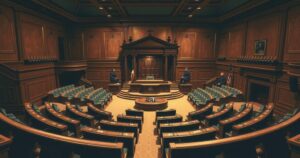 Senate debate scene showing a legislative chamber filled with empty seats and a podium, featuring neutral colors.