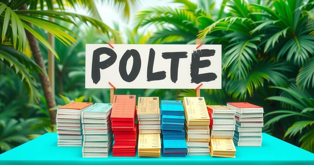 A vibrant depiction of a polling booth with ballots and a symbol of democracy, set against a tropical backdrop.