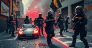 A tense urban scene with riot police and a chaotic protest environment showcasing turmoil and unrest.