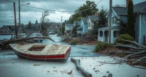 A storm-damaged coastal town with debris and flooded streets after a hurricane, showcasing cleanup efforts.