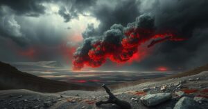 A dramatic landscape depicting a tense atmosphere, with dark stormy skies over arid terrain, symbolizing conflict.