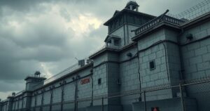 A somber view of a prison exterior with high walls and barbed wire under a cloudy sky, reflecting a tense atmosphere.