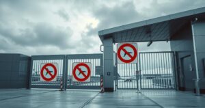 A somber scene of a closed airport gate with travel restriction signs, set against a gray sky.