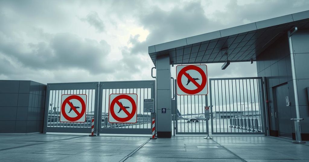 A somber scene of a closed airport gate with travel restriction signs, set against a gray sky.