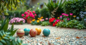 A serene outdoor scene with petanque balls arranged on gravel surrounded by lush greenery and vibrant flowers.