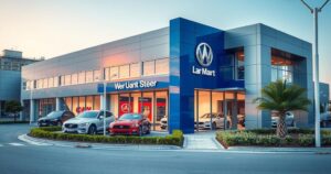 Modern car dealership showcasing a sleek architectural design with bright colors, representing automotive innovation.