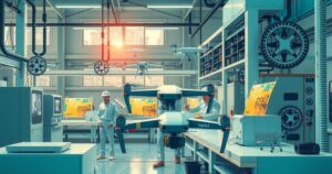 Drones in a factory, workers in industrial setting, modern technology, energy-efficient colors, geometric patterns.