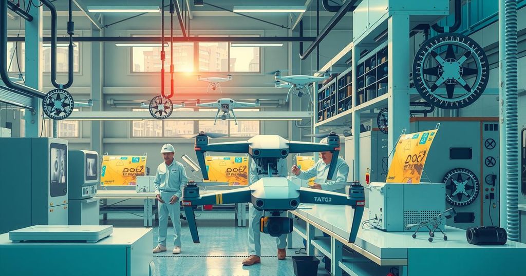Drones in a factory, workers in industrial setting, modern technology, energy-efficient colors, geometric patterns.
