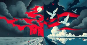 Abstract representation of a tense political debate with symbolic elements of peace and conflict, in bold colors.