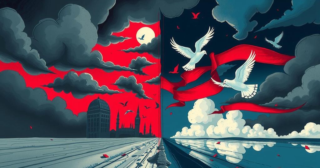 Abstract representation of a tense political debate with symbolic elements of peace and conflict, in bold colors.
