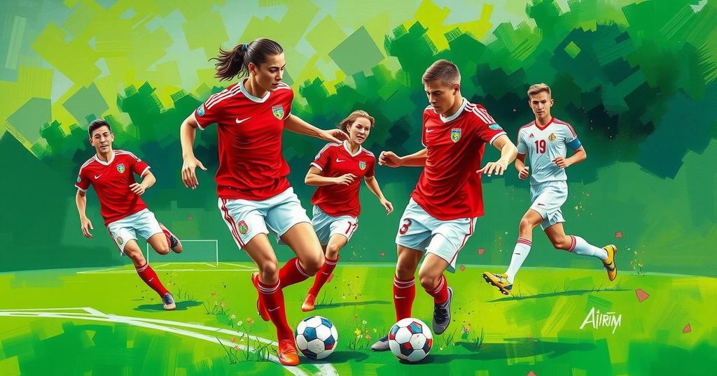 A vibrant soccer scene depicting a match between Switzerland and Mexico, filled with energy and excitement.