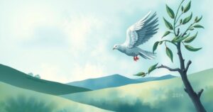 A symbolic representation of diplomacy, featuring a dove and olive branch against a peaceful landscape.