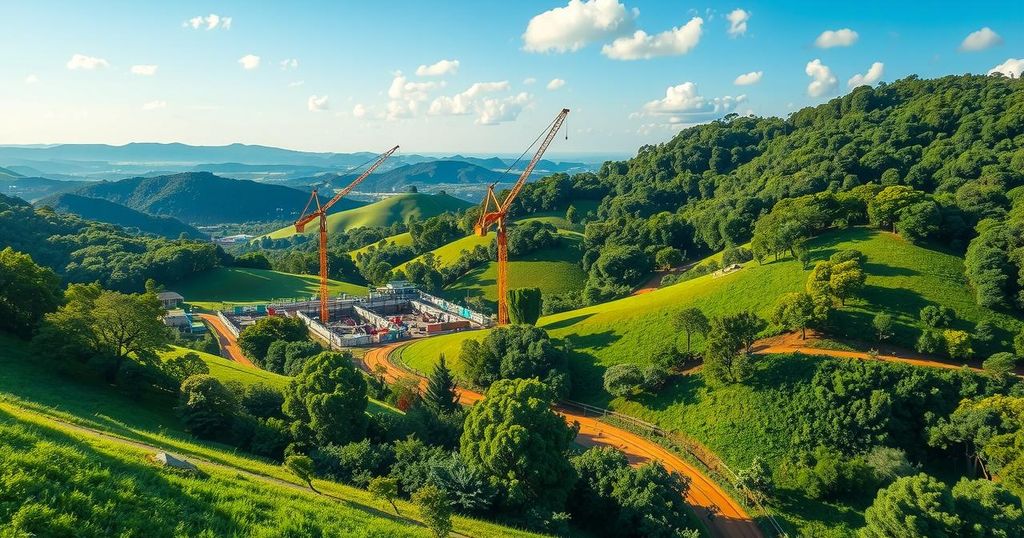 Lush green landscape in Bugesera, Rwanda, showcasing a developing airport project under a bright sky.