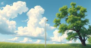 A serene landscape with partly cloudy skies, gentle winds, and lush greenery reflecting pleasant weekend weather.