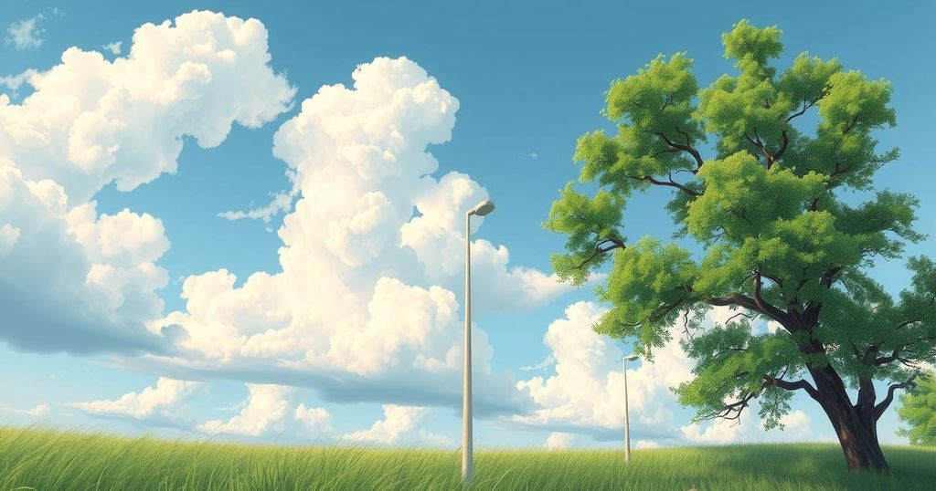 A serene landscape with partly cloudy skies, gentle winds, and lush greenery reflecting pleasant weekend weather.