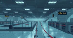 A chaotic airport scene with empty check-in counters and closed gates, emphasizing travel restrictions and confusion.