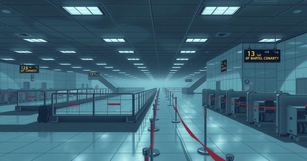 A chaotic airport scene with empty check-in counters and closed gates, emphasizing travel restrictions and confusion.