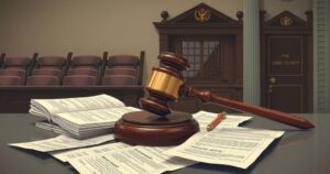 A news-themed image depicting a gavel, a courthouse, and a stack of documents, in a neutral color scheme.