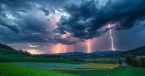 Dramatic thunderstorms over Montana landscapes, showcasing dark clouds, lightning, and vibrant stormy skies.