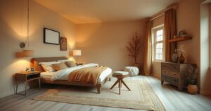 A serene house interior featuring an open bedroom with an emphasis on warmth and soft lighting.