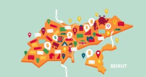 A digital art piece showing a vibrant map of Beirut with donation icons, symbolizing relief efforts.