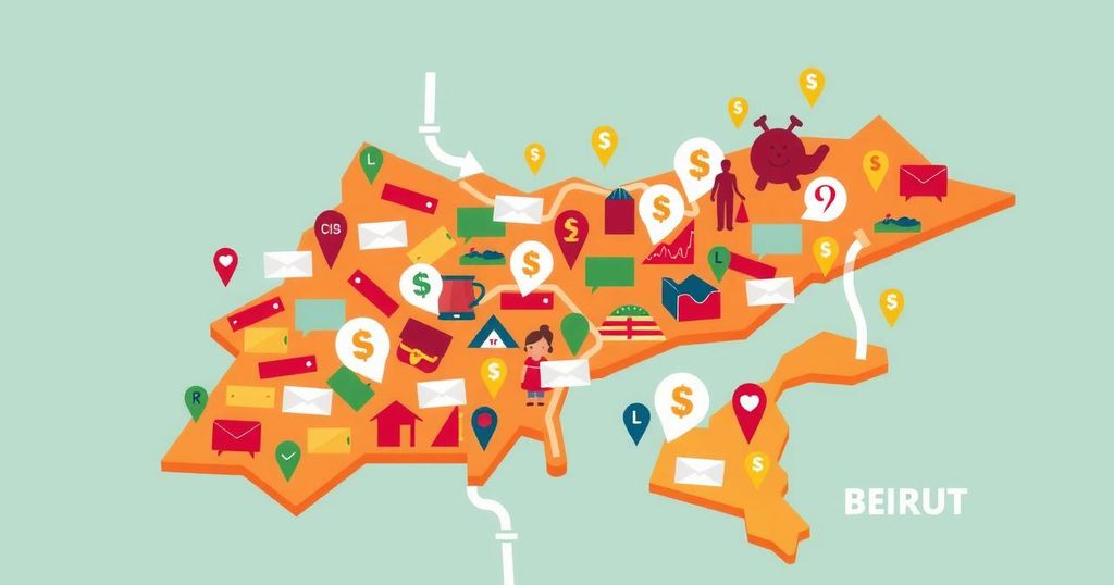 A digital art piece showing a vibrant map of Beirut with donation icons, symbolizing relief efforts.