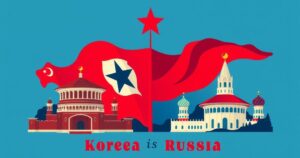 A decorative emblem symbolizing North Korea and Russia unity with iconic elements and a patriotic color scheme.