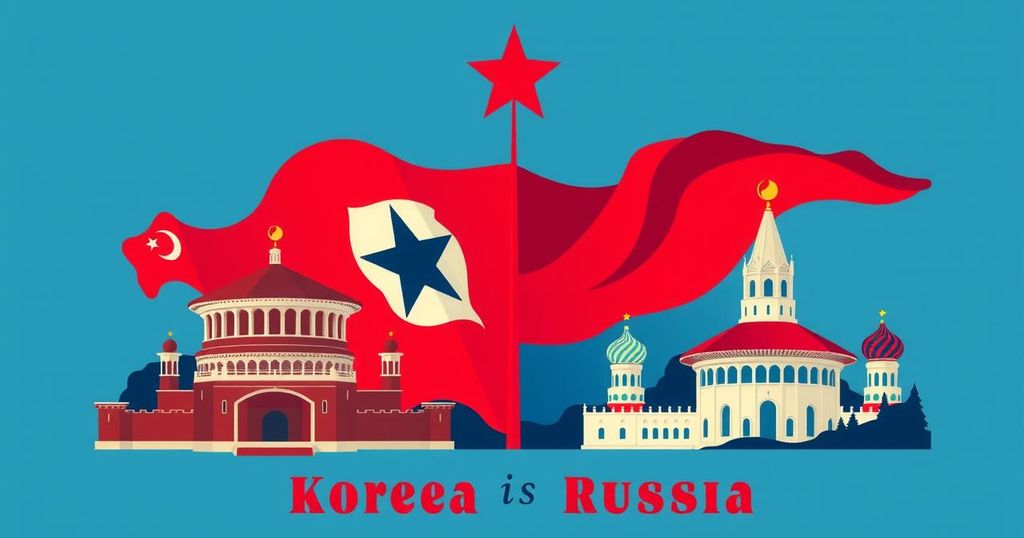 A decorative emblem symbolizing North Korea and Russia unity with iconic elements and a patriotic color scheme.