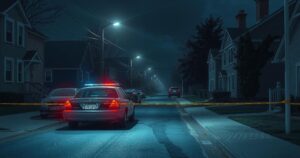 Empty street at night under streetlights with a police car and caution tape, symbolizing ongoing investigation after a shooting.
