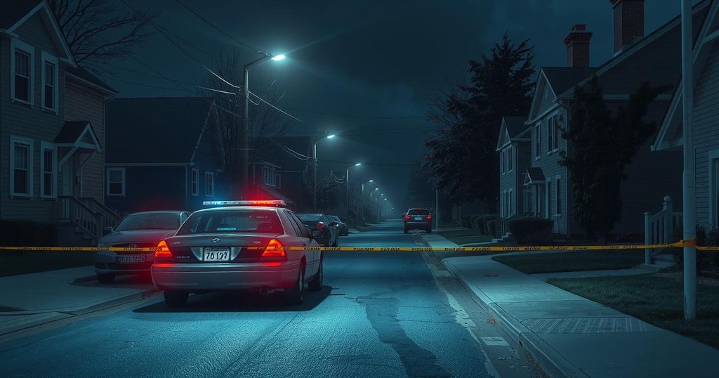 Empty street at night under streetlights with a police car and caution tape, symbolizing ongoing investigation after a shooting.