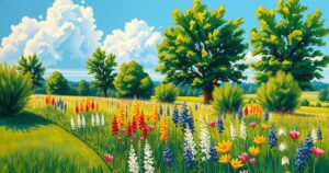 Colorful depiction of a vibrant summer landscape in Missouri with lush greenery and clear skies.