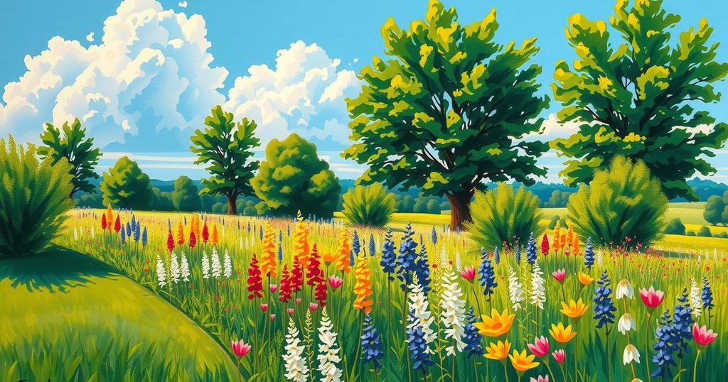 Colorful depiction of a vibrant summer landscape in Missouri with lush greenery and clear skies.