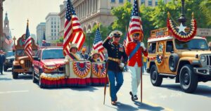 A vibrant military parade scene celebrating veterans with colorful uniforms and adorned vehicles.